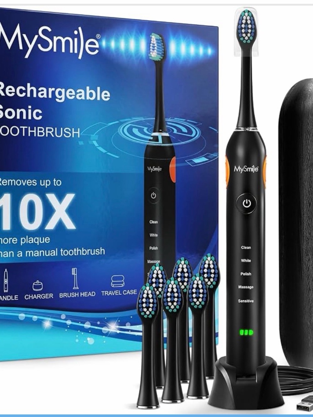 MySmile UC605 Electric Toothbrush, 80+ Day Battery, 6 Heads & Travel Case